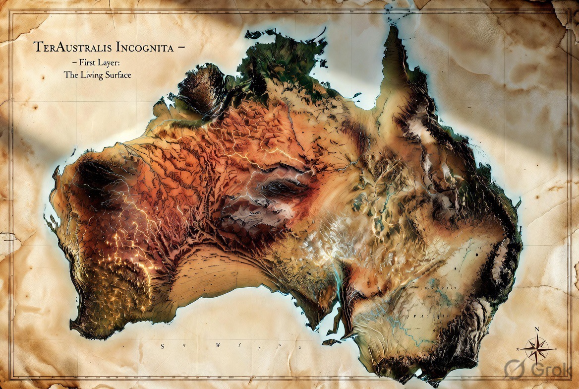 An aged, cartographic rendering of Australia's terrain, titled First Layer: The Living Surface.
