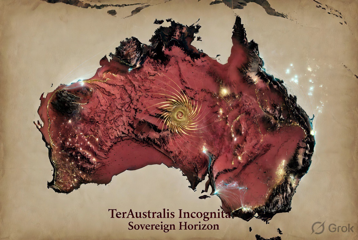 Artist's rendering of Australia as a glowing map — TerAustralis Incognita, Sovereign Horizon.