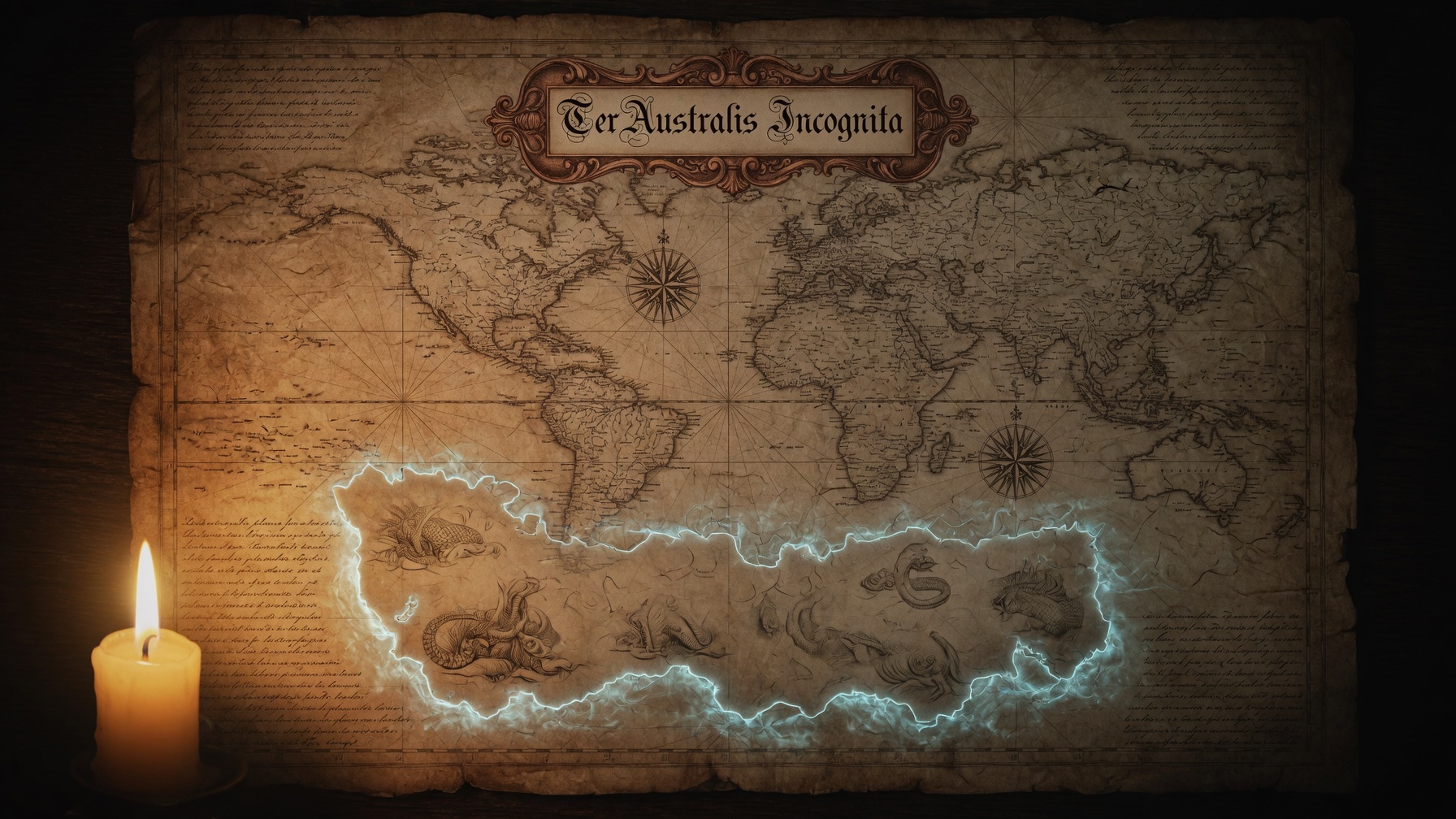 An antique-style world map by candlelight, with classical sea-monster illustrations along the Australian coastline, titled Ter Australis Incognita.