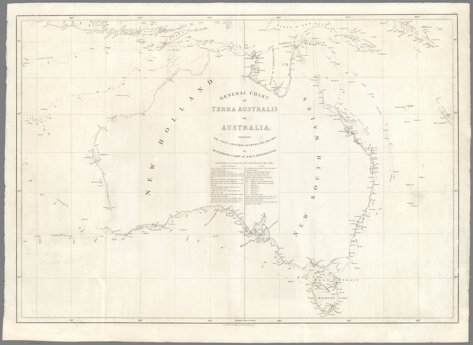 Flinders' General Chart of Terra Australis or Australia, 1814, showing the complete surveyed coastline with New Holland and New South Wales labelled.