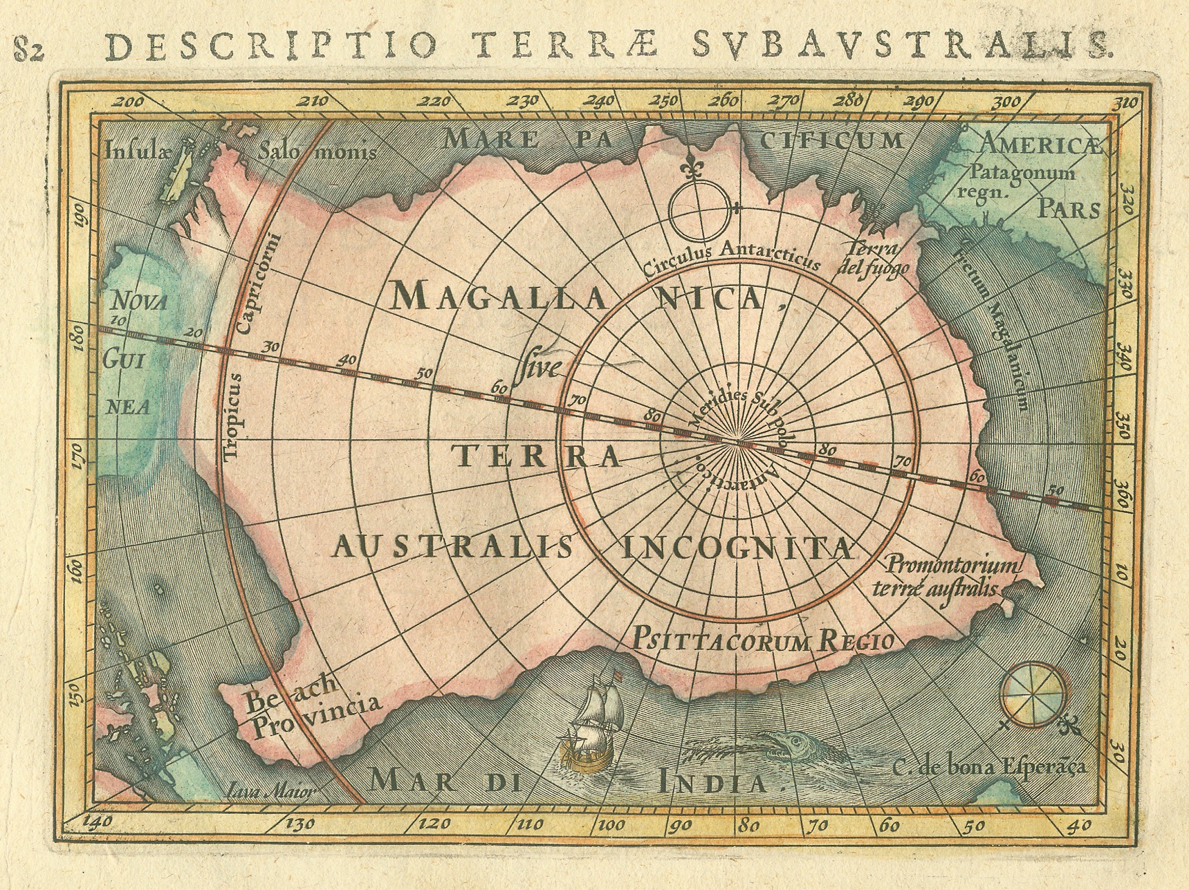 A genuine historical antique map, Descriptio Terrae Subaustralis, showing Terra Australis Incognita around the south polar projection.