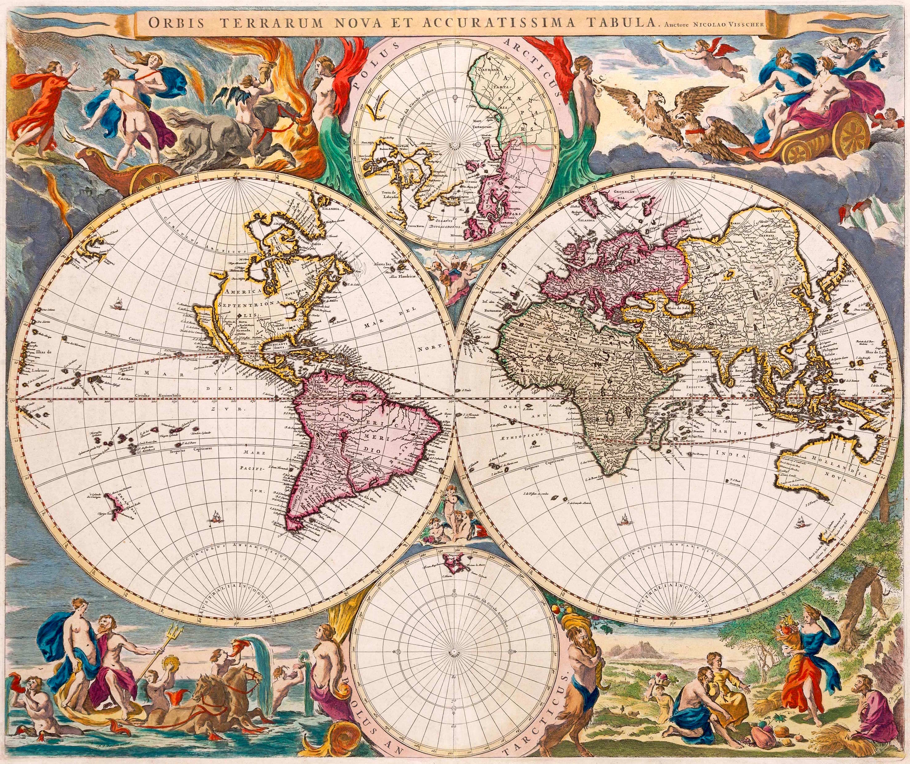 Visscher's Orbis Terrarum Nova et Accuratissima Tabula, a hand-coloured double-hemisphere world map with Australia Incognita lettered across the southern edge.